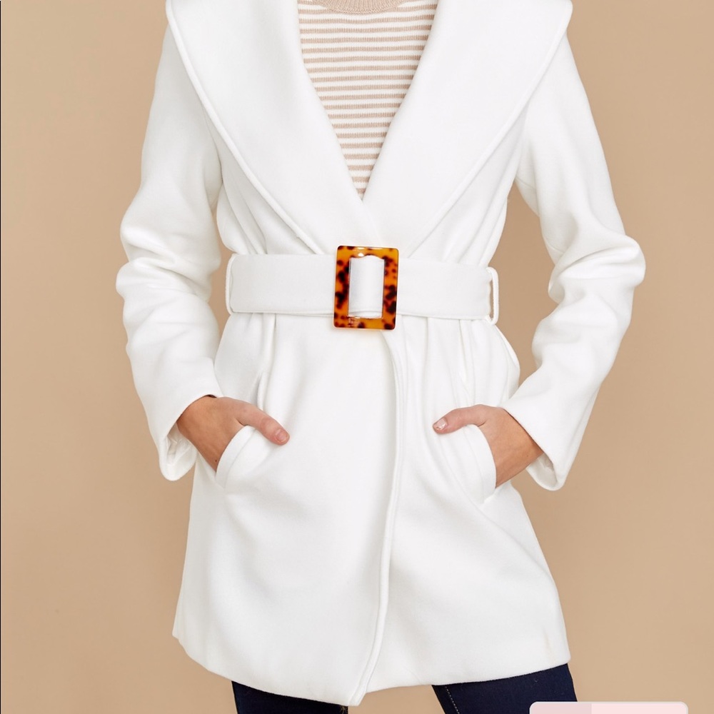 Red Dress belted white coat